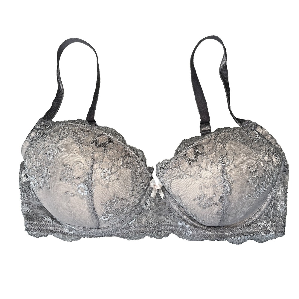 Betsy Johnson Longline Lace Balconette Bra 34D pink with gray lace